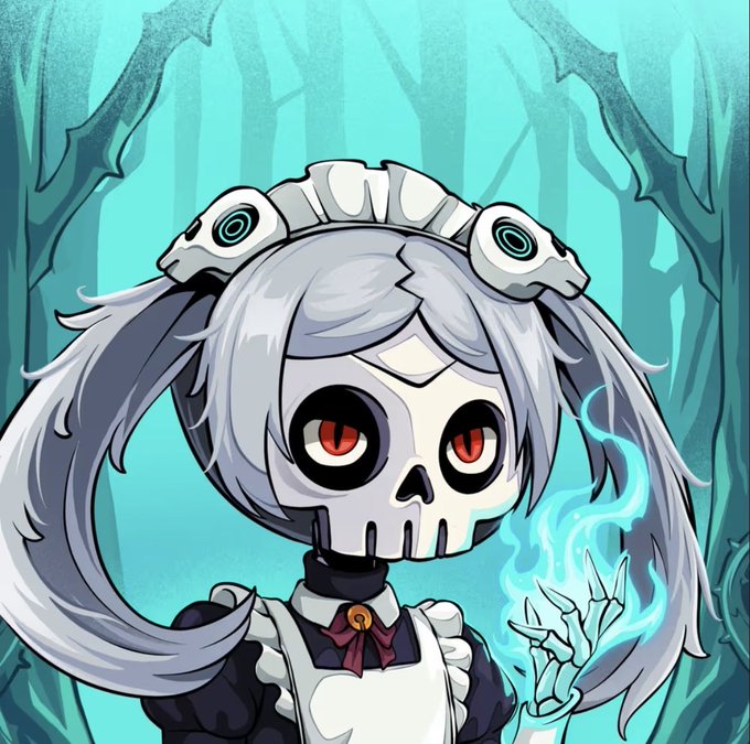 The image features a cartoon girl with white hair, dressed as a maid or housekeeper, wearing a white dress and a headdress. She has red eyes and a red nose, giving her a distinctive appearance. The background of the image consists of trees, which adds to the overall atmosphere of the scene. The caption "Listed for 1.49 eth Ded Gorgez 1/1 Heard something coming for these" suggests that this image might be part of a series or collection of similar images featuring the same cartoon girl and her unique style.