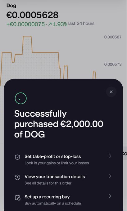 The image shows a phone screen with an app called "DOG" displayed, which appears to be related to cryptocurrency or trading. The app has a green success message at the top of the screen, indicating that the user has successfully purchased a dog. The app also provides information about how to set up and use the app for automatic transactions.