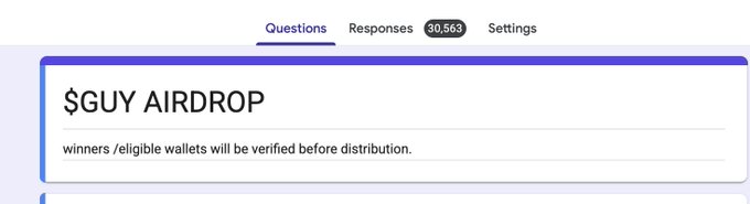 A screenshot of a Google Form titled "$GUY AIRDROP" with the note "winners/eligible wallets will be verified before distribution," showing 30,563 responses under the Questions tab, suggesting a large-scale token giveaway campaign tied to the $GUY token, with the creator considering donating supply to @blknoiz06.