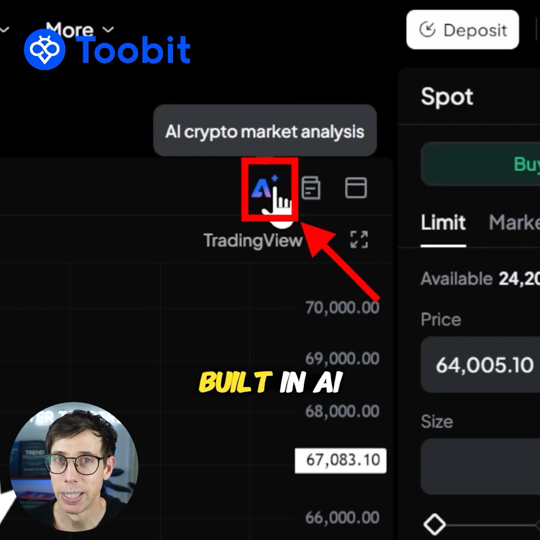 A Toobit cryptocurrency trading interface displays a price chart ranging from $66,000 to $70,000 with a highlighted AI icon marked "BUILT IN AI" pointing to the "TradingView" section for crypto market analysis. The screen also shows spot trading options including a buy function, available balance of 24,20X, and a price field showing $64,005.10.