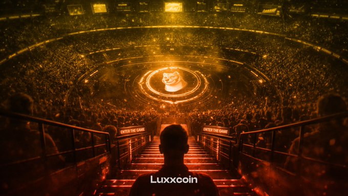 A silhouetted figure stands before a massive, glowing arena entrance displaying "ENTER THE GAME" signs, with the Luxxcoin logo emblazoned on their chest, visually inviting viewers to step into the Luxx gaming experience rather than remain spectators. The image's call to action and game-like atmosphere directly reinforce the post's message urging people to transition from passive observation to active participation in the Luxx ecosystem.