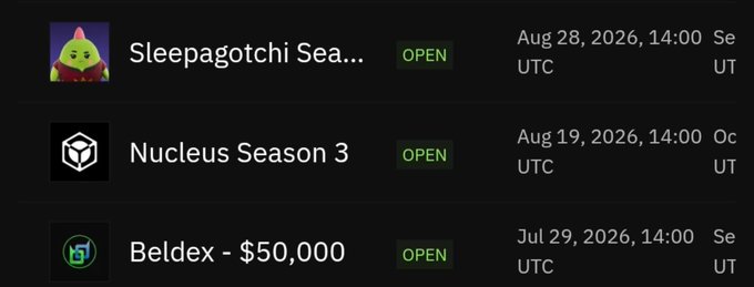 A crypto/gaming platform listing showing three open projects: 'Sleepagotchi Sea...', 'Nucleus Season 3', and 'Beldex - $50,000' with their respective August and July 2026 dates.