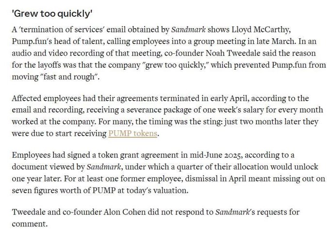 Article excerpt titled "'Grew too quickly'" discussing Pump.fun layoffs, citing Noah Tweedale's explanation about company growth preventing them from moving "fast and rough," with mentions of PUMP tokens and employee severance.