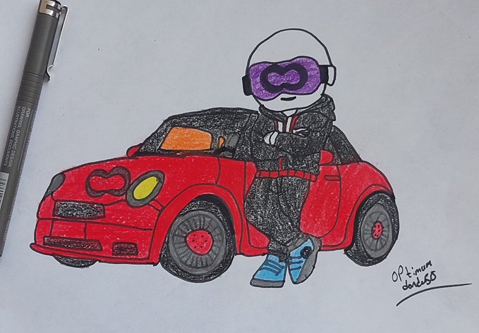 A hand-drawn illustration of a character wearing a purple mask and black outfit standing next to a red Mini Cooper car, with "platinum dorcus" signed in the corner.