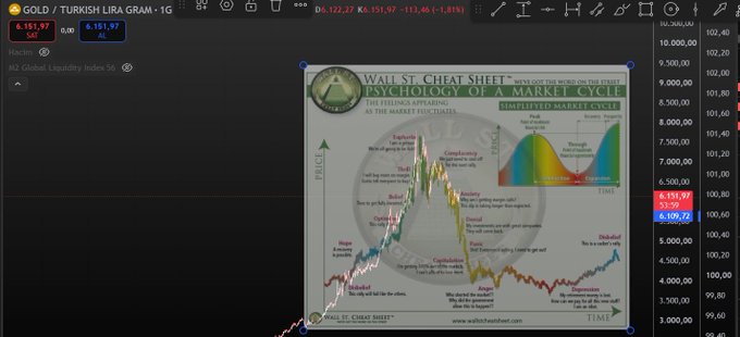 A financial trading screen displaying gold prices ($6,151.97) and USD/TRY lira exchange rates, featuring a 'Wall St. Cheat Sheet' infographic illustrating the psychology of a market cycle overlaid on a price chart.