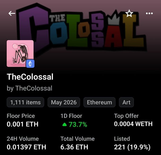 The image shows a profile of TheColossal account, which has just been updated with a price hike for ether, as indicated by the green price chart. This information can be seen at the bottom right corner of the post. The original post was titled "THECOLOSSAL". The updated title is now "THECOLOSSAL: THEETH".