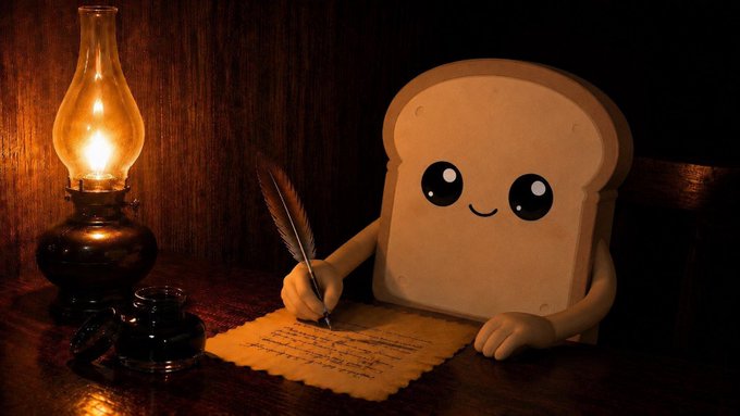 A 3D rendered character shaped like a slice of bread with a smiling face, writing with a quill pen by oil lamp light on a wooden desk.