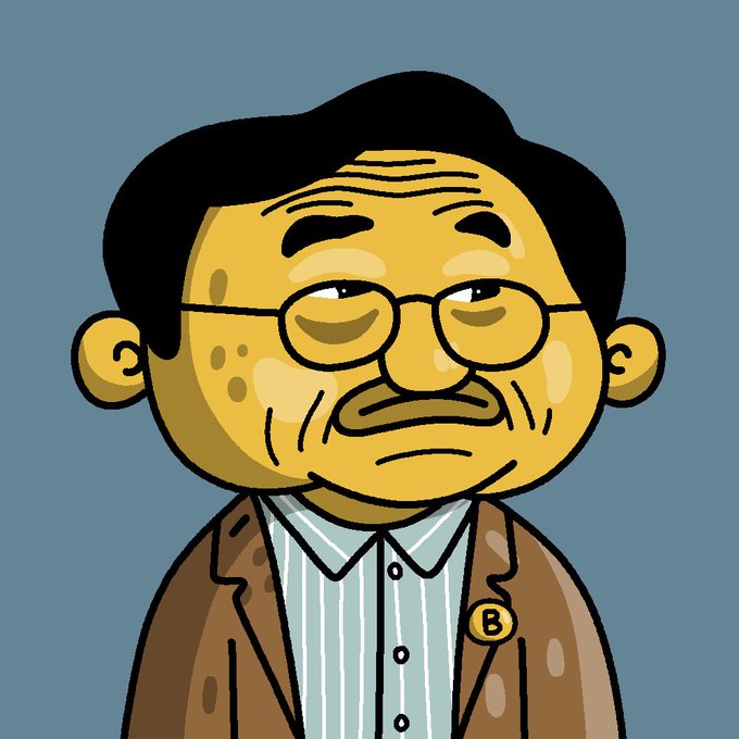 A cartoon illustration of a bespectacled man with dark hair, freckles, and a brown jacket over a striped shirt, wearing a 'B' button pin, set against a blue-gray background.