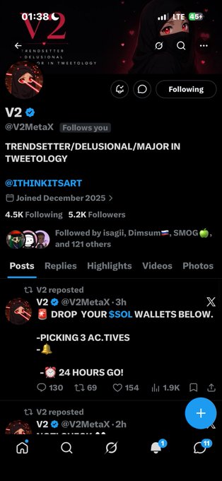 A Twitter/X profile page for 'V2' (@V2MetaX), a TRENDSETTER/DELUSIONAL/MAJOR IN TWEETOLOGY account with 4.5K Following and 5.2K Followers, showing reposts about a $SOL wallet giveaway with 24 hours remaining.