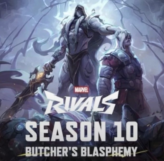 A promotional image for "Marvel Rivals Season 10: Butcher's Blasphemy" showing the hooded character Knull towering over Thor, who stands with a severed arm, visually confirming the troubling post about Thor's dire condition.