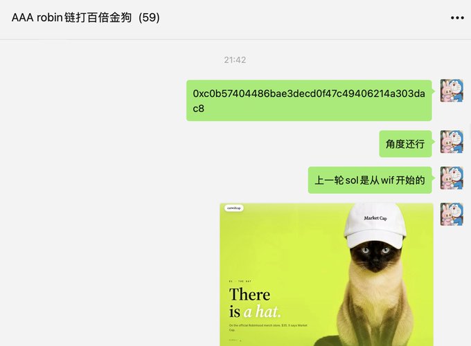 A chat screenshot titled "AAA robin 链打百倍金狗 (59)" showing messages at 21:42 with a crypto wallet address (0x0b57404486bae3decd0f47c49406214a303dac8), Chinese comments mentioning "sol" and "wif," and a meme image of a cat wearing a "Market Cap" hat captioned "There is a hat." The post ties the screenshot to a small group promoting high-multiplier meme coins like $CAP, with the cat meme symbolizing market cap gains.