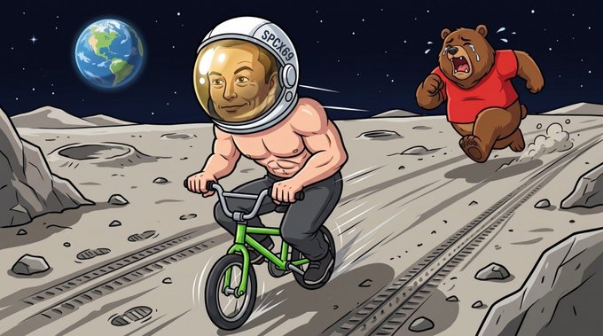 A cartoon illustration shows a muscular man wearing a SPACEX helmet riding a green BMX bike on the moon's surface while a brown bear in a red shirt chases him.