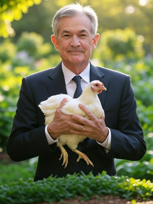 An older man in a dark suit gently cradles a white chicken in a sunlit garden, with a "Grok" watermark visible in the corner. The image humorously pairs with the post's mocking tone, presenting the man—who resembles Jerome Powell holding a chicken—as the "Dorkchicken" being ridiculed for supposedly holding Bitcoin for over a decade.
