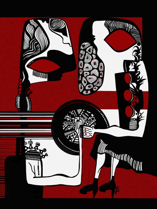 An abstract red, black, and white illustration featuring stylized faces, decorative patterns, and a figure playing a circular instrument, signed with a monogram in the corner.