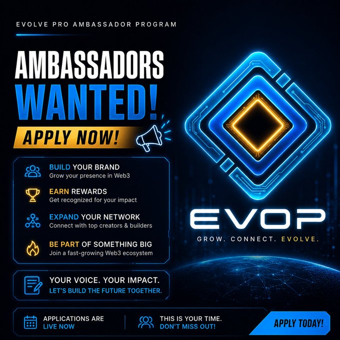 A promotional graphic for the 'EVOLVE PRO AMBASSADOR PROGRAM' with the tagline 'AMBASSADORS WANTED! APPLY NOW!' and features like 'BUILD YOUR BRAND' and 'EARN REWARDS,' alongside the 'EVOP' logo and a glowing blue and orange diamond shape.