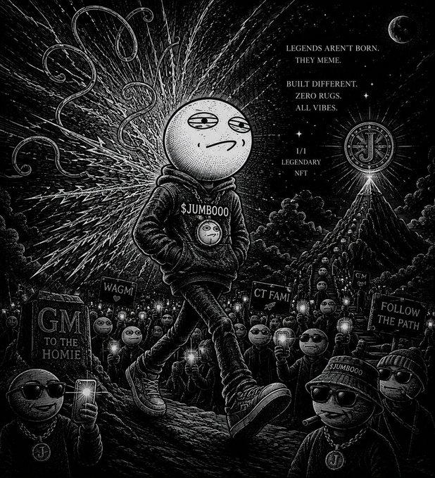 A black-and-white sketch-style NFT artwork titled 'LEGENDS AREN'T BORN, THEY MEME' depicting a hoodie-wearing character with a smug meme face, labeled '$JUMBOOO 1/1 LEGENDARY NFT' with a crowd of similar characters holding signs like 'WAGMI', 'CT FAM!', and 'FOLLOW THE PATH'.