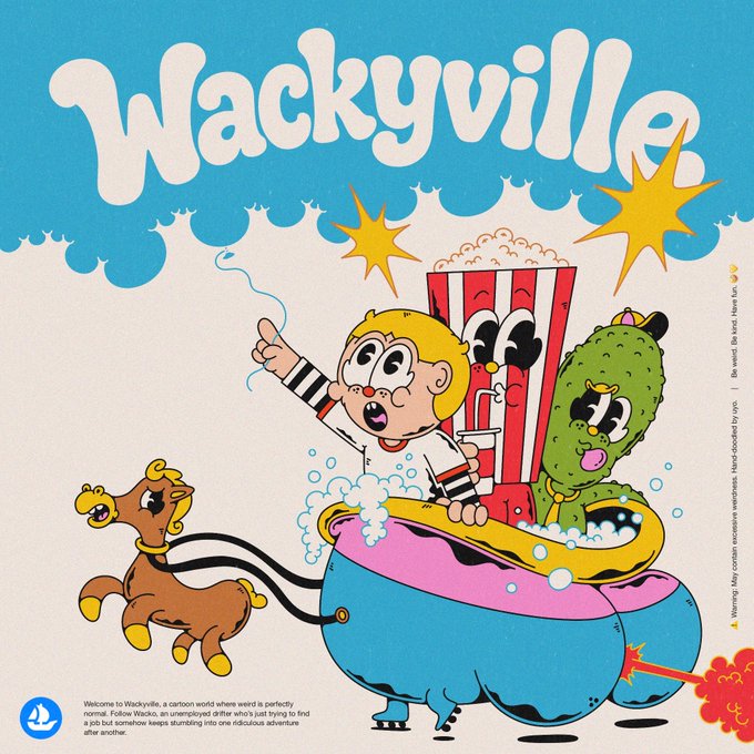 A colorful retro-style cartoon illustration titled 'Wackyville' showing characters in a bathtub being pulled by a small dog, with descriptive text at the bottom.