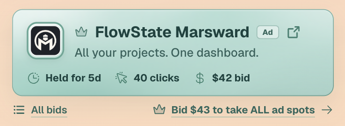 An advertisement banner for "FlowState Marsward" with the tagline "All your projects. One dashboard," showing 40 clicks, held for 5 days, and a $42 bid, with an option to bid $43 to take all ad spots.