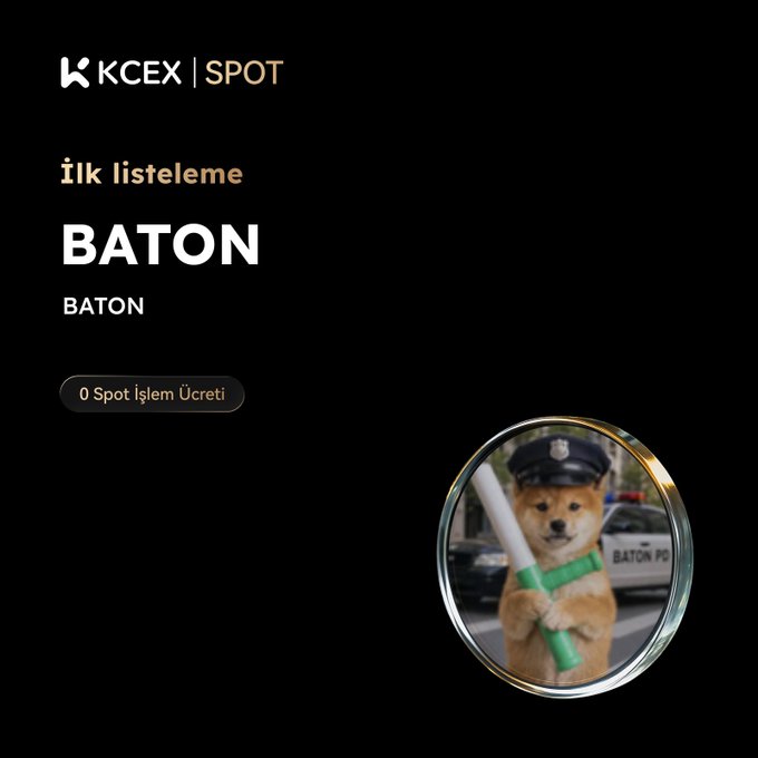 KCEX Spot announces its first listing of $BATON, a Solana-based meme coin, featuring a Shiba Inu mascot dressed as a police officer holding a baton. The promotional image highlights the BATON/USDT trading pair with a "0 Spot İşlem Ücreti" (0 spot trading fee) badge.