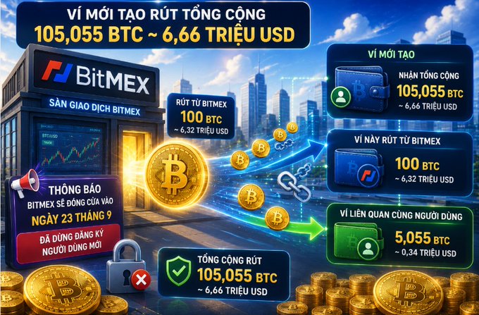 A BitMEX promotional graphic in Vietnamese announces that the new wallet has withdrawn a total of 105,055 BTC (~6.66 million USD), including 100 BTC from BitMEX and 5.055 BTC from related wallets.
