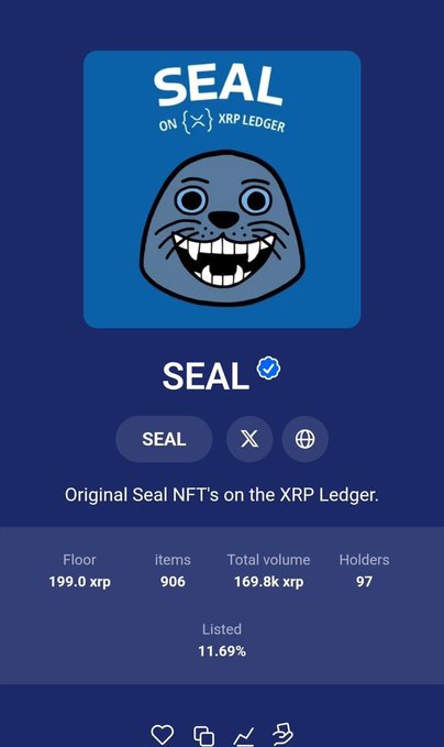 A screenshot of the SEAL NFT collection page on the XRP Ledger, featuring a cartoon seal mascot with the text 'Original Seal NFT's on the XRP Ledger,' showing 906 items, a floor price of 199.0 xrp, and a total volume of 169.8k xrp.