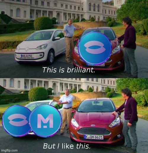 The image shows two cars side by side with a caption below them stating "This is brilliant. But I like this." The first car has a man standing next to it, while the second car has another person standing beside it. Both people are wearing ties, which adds an element of formality to their appearance.