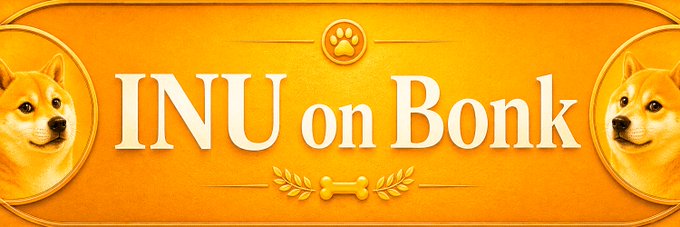 Orange promotional banner featuring two Shiba Inu dog portraits flanking the text 'INU on Bonk', with a paw print emblem at the top.