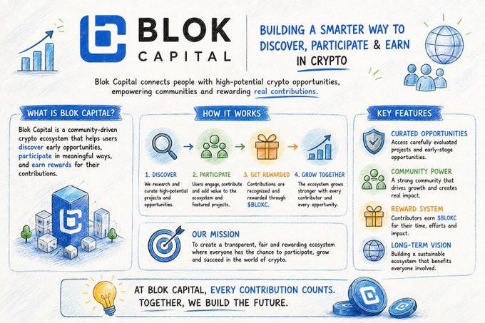 An infographic for 'BLOK CAPITAL' explaining its crypto ecosystem, detailing sections on 'WHAT IS BLOK CAPITAL?', 'HOW IT WORKS' (Discover, Participate, Get Rewarded, Grow Together), and 'KEY FEATURES' like curated opportunities and reward systems.