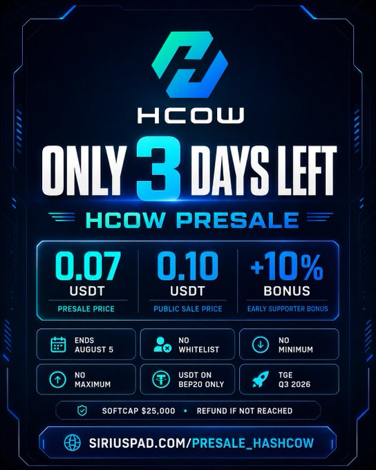 An HCOW token presale advertisement stating 'ONLY 3 DAYS LEFT', with a presale price of 0.07 USDT, a 10% early supporter bonus, and a link to siriuspad.com/presale_hashcow.