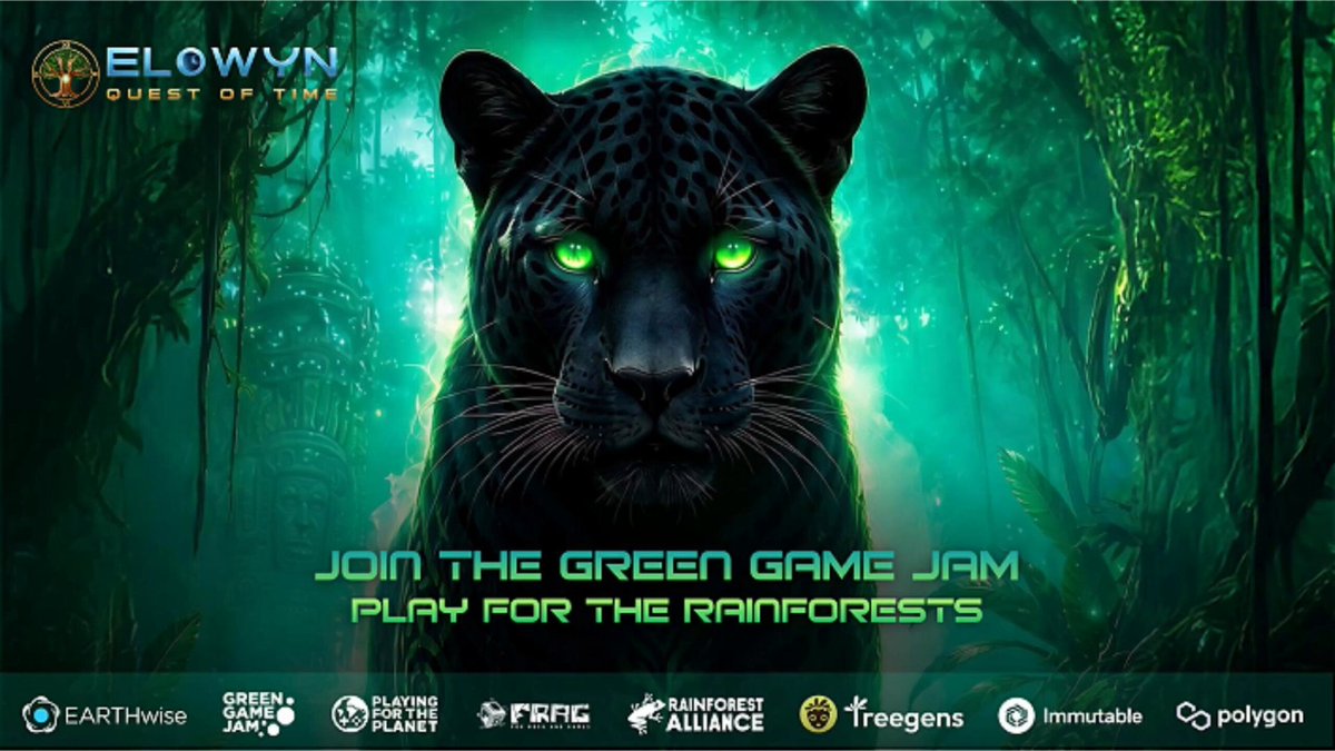 The image features a poster with a black panther looking directly at the viewer, surrounded by lush green trees. The poster includes text that reads "join the Green Game Jam play for the rainforests" and mentions several organizations involved in the initiative.