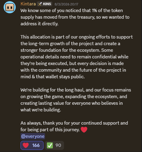A Discord message from Kintara (KINS) dated 8/3/2026 addressing community concerns about 1% of token supply being moved from the treasury for ecosystem support, with 166 reactions and 90 checkmarks.
