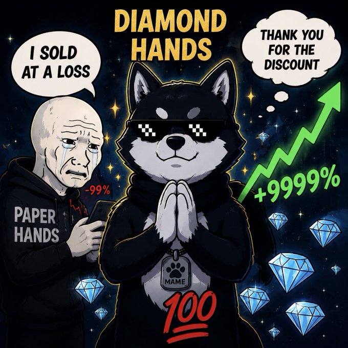 The image depicts the classic "Diamond Hands vs Paper Hands" meme, featuring a crying "Paper Hands" figure (left) lamenting "I sold at a loss -99%," contrasted with a confident "Diamond Hands" Shiba Inu character wearing pixel sunglasses and a "MAME" paw tag, smiling while thinking "Thank you for the discount" as a green +9999% arrow soars alongside floating diamonds. The "100" in red and bold "DIAMOND HANDS" header reinforce the celebratory meme-culture tone, which aligns with the post announcing $MAME's spot market launch on Aster DEX and emphasizing community-driven Mem culture loyalty.