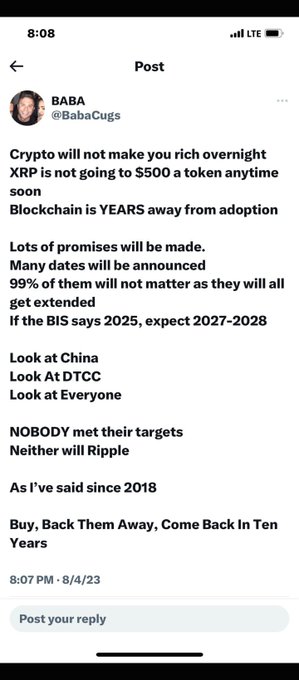 A tweet from user @BabaCugs predicting that XRP won't reach $500 anytime soon, blockchain adoption is years away, and Ripple will likely miss their targets—suggesting investors buy, back away, and return in ten years. The post relates to the accompanying message by reinforcing skepticism about Ripple's optimistic price predictions, suggesting another 2+ years of stagnant "up down sideways" price action before any real gains.