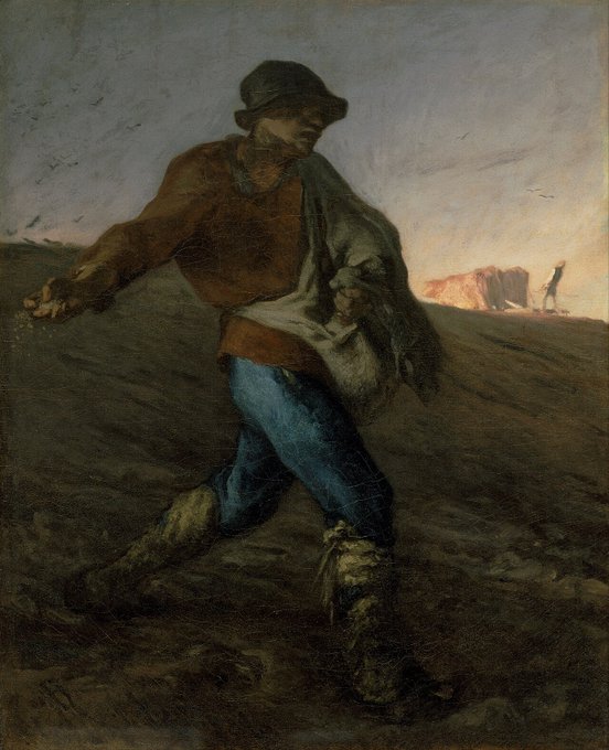 A classical oil painting depicting a peasant sower walking across a field, scattering seeds, with a dusky sky and distant horizon in the background.