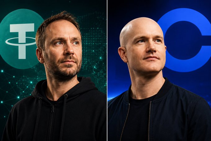 Side-by-side promotional image of two men, one with the Tether (USDT) logo and one with the Coinbase logo, against green and blue backgrounds respectively.