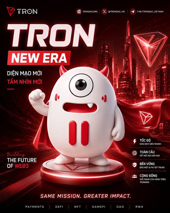 The image features a cartoon character that looks like a white monster with red horns and a red cape. The character appears to be waving at the viewer, giving off a friendly vibe. The background of the image is black, which contrasts with the white character and makes it stand out. In the bottom right corner of the image, there's text that reads "#TRON IS WRAPPING ITSELF IN A COMPLETELY NEW FACE -From a blockchain renowned for its fast processing speeds and low transaction fees, TRON is now positioning itself as the global financial infrastructure for the Web3 era". This text highlights the unique aspect of the character and ties it to the broader context of the post.