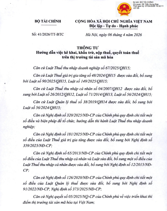 A Vietnamese government document from the Ministry of Finance (BỘ TÀI CHÍNH), dated April 6, 2026, titled 'THÔNG TƯ' regarding tax accounting for the stock market.