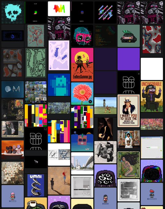 The image shows a grid of various images with different colors and styles, including posters for music artists such as "Ummi", "M", and "Unicorns". The poster for "Unicorns" has a pink background and features a cartoon character. There are also several other posters in the image, showcasing diverse art styles and themes. The post about NFTs is located at the bottom of the image, indicating that it is part of a larger collection or series of images related to the NFT market.