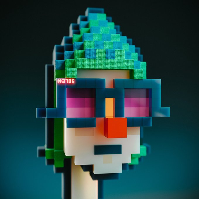 A voxel-style portrait with blocky teal and green hair, blue sunglasses with pink lenses, and a red nose displays the text "#3706" on its frame, matching the Punk #3706 referenced in the post as a pixelated, block-by-block reinterpretation of the iconic NFT.
