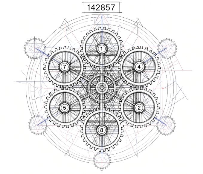Technical blueprint diagram showing a complex arrangement of numbered gears (1-8) in a circular configuration with the measurement '142857' displayed at the top.