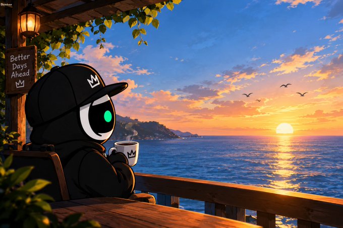 A digital illustration showing a hooded character with a crown logo drinking coffee while watching a sunset over the ocean, with a 'Better Days Ahead' sign nearby.