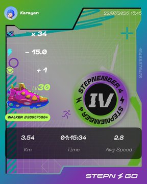 STEPN GO running app screenshot showing stats for user Karayan including 3.54 Km, 01:15:34 Time, and 2.8 Avg Speed.
