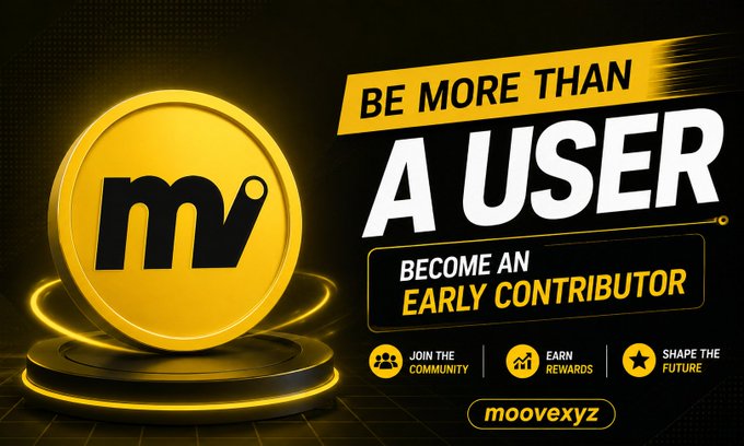 A promotional graphic with a gold 'MV' coin/medallion and text reading 'BE MORE THAN A USER, BECOME AN EARLY CONTRIBUTOR,' with the username 'moovexyz' at the bottom.