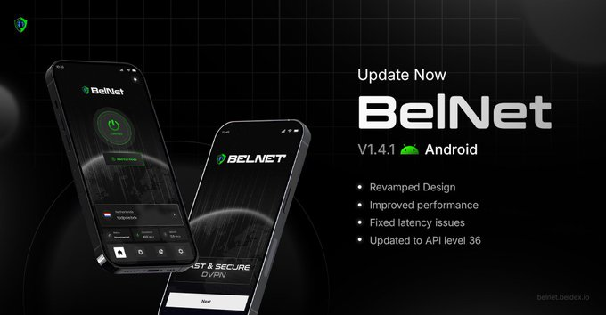 A promotional advertisement for 'BelNet V1.4.1 Android' featuring two smartphones displaying the app interface, with bullet points listing 'Revamped Design, Improved performance, Fixed latency issues, Updated to API level 36' and the URL 'belnet.beldex.io'.