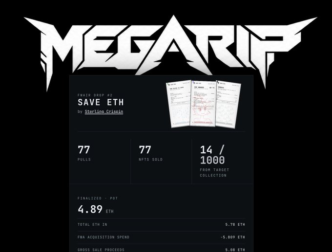 The image displays a MEGARIP round report dashboard for "FWAIR DROP #2 - SAVE ETH by Sterling Crispin," showing that 77 polls were conducted with 77 NFTs sold (14 from the target collection), resulting in a finalized pot of 4.89 ETH against 5.78 ETH in total ETH in and 5.08 ETH in gross sale proceeds.
