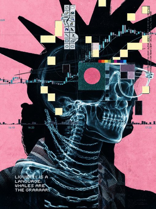 A pink and black collage artwork featuring a skull-like face, chains, the Statue of Liberty silhouette, and text reading "LIQUIDITY IS A LANGUAGE, WHALES ARE THE GRAMMAR".