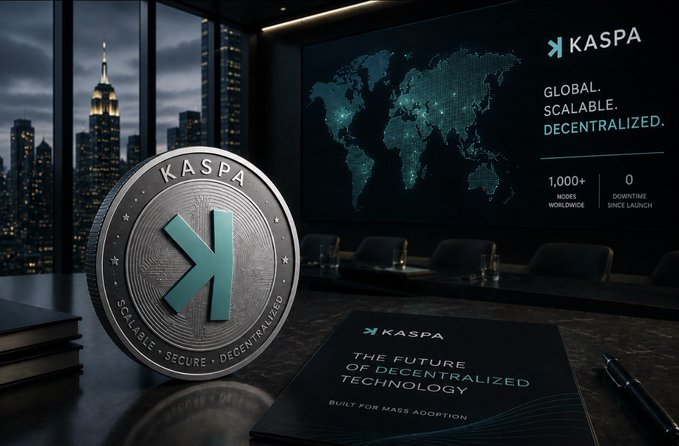 A sleek KASPA ($KAS) branded coin sits on a desk alongside marketing materials reading "GLOBAL. SCALABLE. DECENTRALIZED." and "THE FUTURE OF DECENTRALIZED TECHNOLOGY," with a world map showing 1,000+ project nodes worldwide—reinforcing the post's message of wholehearted commitment to the Kaspa project.