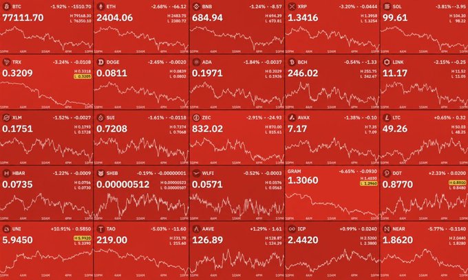 A grid of cryptocurrency price charts shown in red, indicating a market downturn, featuring BTC at 77111.70 (-1.92%), ETH at 2404.06 (-2.48%), BNB, XRP, SOL, and various other altcoins all displaying significant percentage losses.