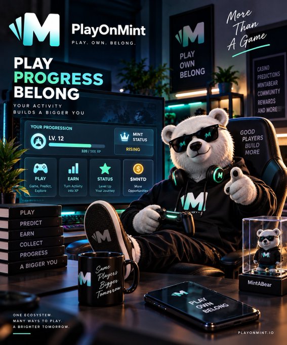 A promotional advertisement for PlayOnMint features a polar bear mascot wearing sunglasses and gaming gear, showcasing 'PLAY PROGRESS BELONG' and 'MINTABEAR' branding.