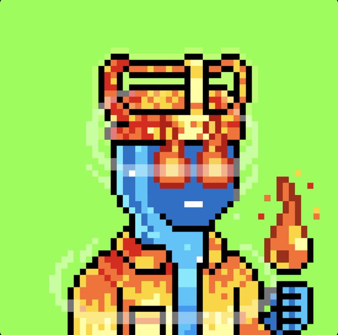 A pixel art portrait of a blue-skinned character with a fiery orange and yellow hat, holding a flame in their hand against a bright green background.